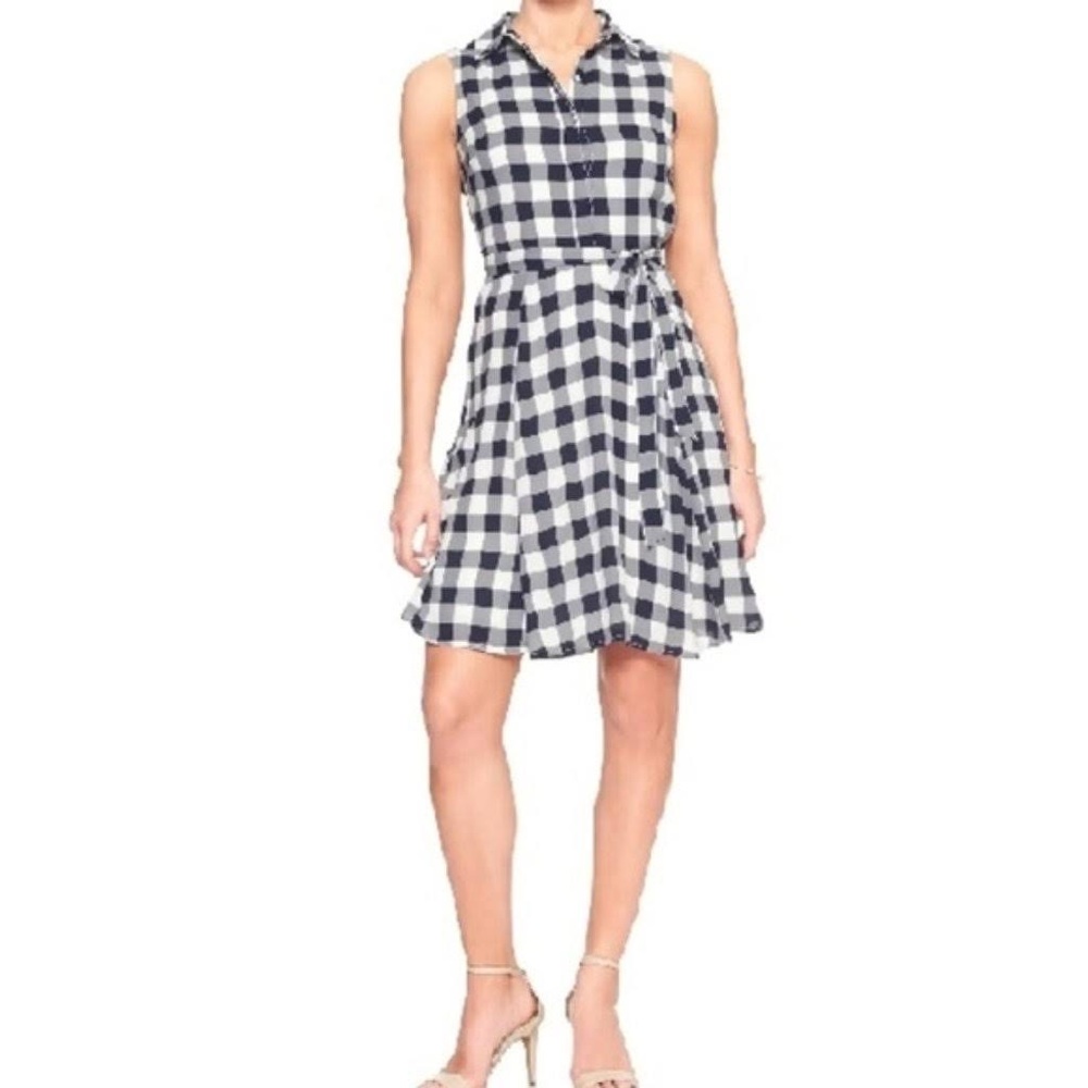 Gingham Plaid Polyester Banana Republic Navy Blue Sleeveless Belt Collared Dress - Picture 2 of 8